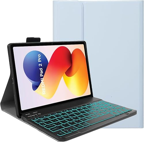 YHFZR Tastatur Hülle für Xiaomi Redmi Pad 2 Pro 12,1 Zoll, [Deutsches QWERTZ] Ultraslim Hülle mit 7 Farben Beleuchtung Kabellose Tastatur mit Schützhülle, Blau