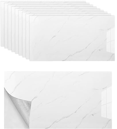 Lot de 10 autocollants pour carrelage - Aspect marbre - 60 x 30 cm - Pour cuisine, mur arrière de cuisine, salle de bain, salon - Blanc