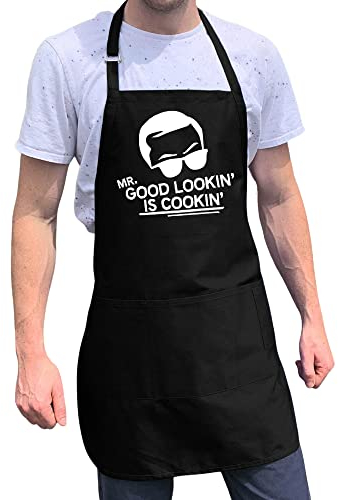 ApronMen Mr. Good Looking Kocht BBQ Grill Schürze mit hohen Qualität Poly/Cotton 4 Utility-Taschen, justierbares Ansatz und extra Langen Taille Krawatten Schwarze Schürze Eine Grösse passt Allen