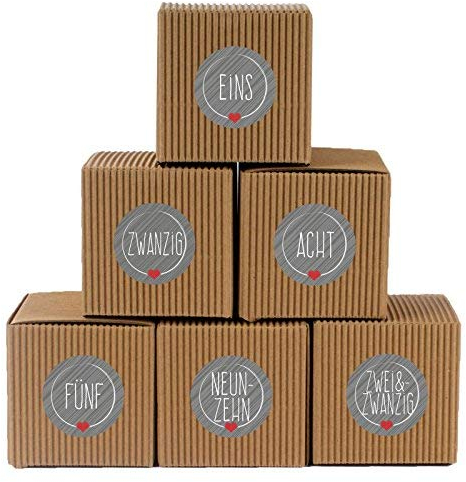 Adventskalender Set aus 24 rustikalen Boxen und 24 weihnachtlichen Zahlenaufklebern „Schick und Grau“ zum Basteln und Befüllen