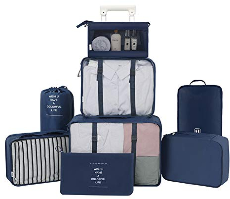 Belsmi Reise Kleidertaschen Set 8-teilig Reisetasche in Koffer Reisegepäck Organizer Kompression Taschen Kofferorganizer Mit Schuhbeutel (Stil A - Marineblau)
