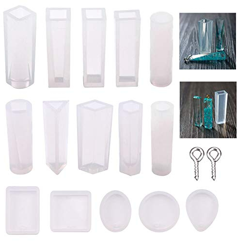 Silikonform, 15 Stück Harz Anhänger Schmuckwerkzeug + 100 Stück Haken Schrauben für Epoxidharz DIY Basteln Halskette Ohrring Schmuck Ohrringe Kugel Harz (115-Rechteck)