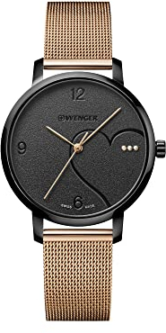 WENGER Damen Armbanduhr Metropolitan Donnissima Ø 38 mm, Swiss Made, Analog Quarz, Wasserdicht bis 100 m, Mesh-Armband, Schwarz/Rose-Gold, 01.1731.114
