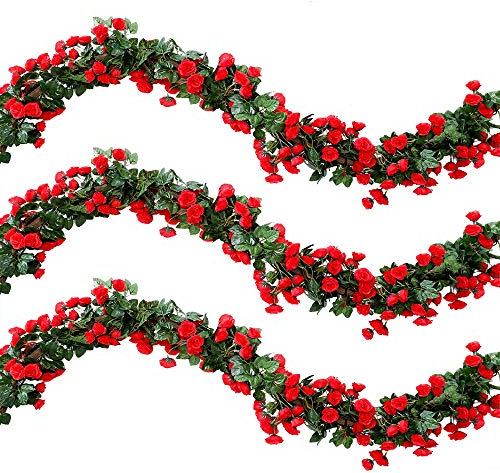 Veryhome 2 Stücke 69 Köpfe 5.7FT Künstliche Rose Vine Silk Gefälschte Blumen Garland Pflanze Floral Ivy Dekorationen Für Zuhause Hochzeitsarrangement Party Garten Dekor (rot, 2PCS)