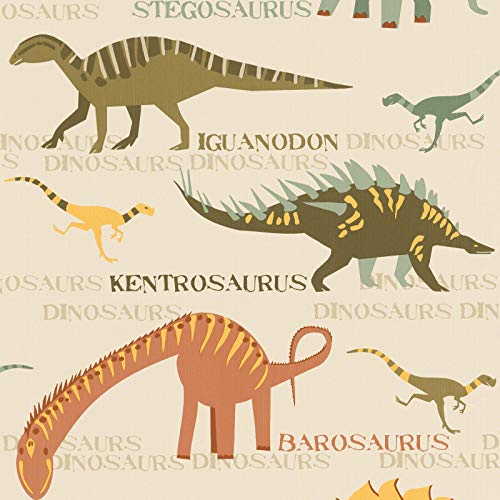 Jungs Tapete mit Dinosaurier | Coole Dino Tapete in Beige und Grün | Kindertapete mit Dino ideal für Jungenzimmer