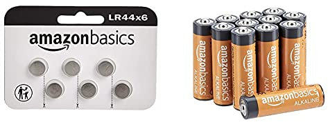 Amazon Basics Batterie Alcaline Lr44 A Bottone, Confezione Da 6 & Pile Stilo Alcaline Aa Performance, Confezione Da 12