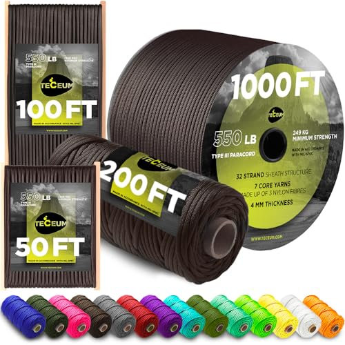 TECEUM Paracord Type III 550 Chocolate – 15 m – 4mm – Tactical Rope MIL-SPEC – Outdoor Para Cord – Camping Hiking Fishing Gear and Equipment – EDC Parachute Cord – Strong Survival Rope (50ft) 014