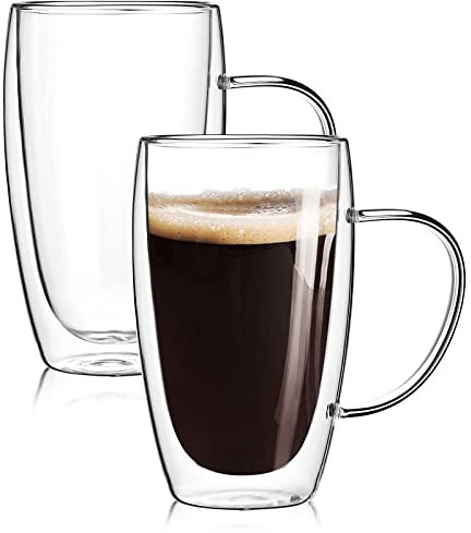 2-Pack 15 Oz Double Walled Glass Coffee Mugs with Handle,Insulated Coffee Cups,Clear Borosilicate Glass Mugs,Perfect for Cappuccino,Tea,Latte,Hot Beverage,Heat Resistant,Dishwasher Microwave Safe