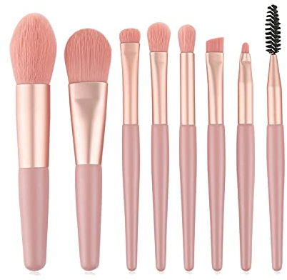 NEJLSD Lot de 8 mini pinceaux de maquillage synthétiques de qualité supérieure pour fond de teint, blush, fard à paupières, sourcils, cils et lèvres (rose)