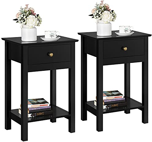 Yaheetech Set of 2 Bedside Tables with Drawer and Open Shelf, Black | E1 Spray-Painted MDF, Full Panel Construction, 40 × 30 × 61 cm Each, Coordinated Pair for Compact Bedroom Storage