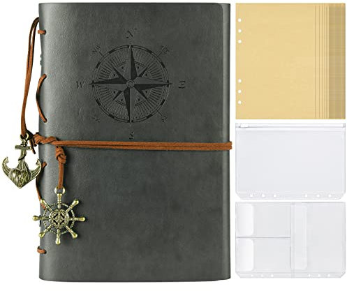 Leder Notizbuch, Vintage-Skizzenbuch, nachfüllbares Tagebuch, Leere Seiten, Ordnertaschen, Reisetagebuch Geschenke für Erwachsene, Mädchen, Jungen, A5, Grau