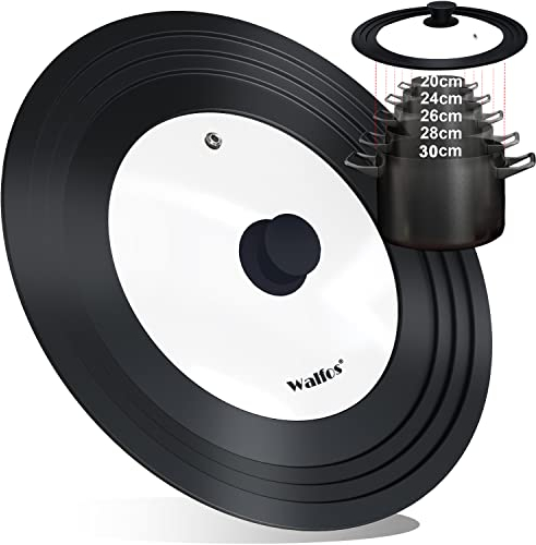 Walfos Lot de 30, 28, 26, 24 et 20 couvercles universels en verre pour casseroles, poêles avec bord en silicone gradué, résistants à la chaleur