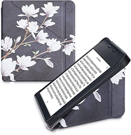 kwmobile Kunstleder eReader Schutzhülle für Kobo Libra 2 Hülle - Falt Cover für E-Reader in Taupe Weiß Dunkelgrau - Magnolien