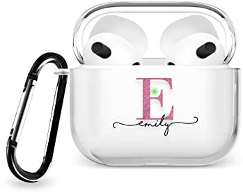 Tirita Personalised Custom Case Compatible with Apple AirPods 3rd gen, Support Wireless Charging, with Carabiner, Front LED Visible [08- Rose Gold Monogram]