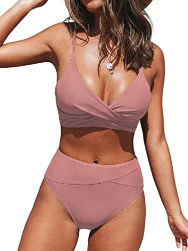 CUPSHE Femme Bikini Torsadé Taille Haute Ensemble Bikini Col V Élégant Maillots de Bain 2 Pièces Rose S