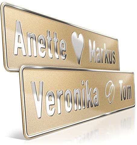 schildEVO 1 Hochzeit Autoschild Gold Glitter | Chrom Silberprägung Wunschtext | Herz & Ringe | Aluminium Hochzeitsschild | Hochzeitsauto Kennzeichen | Just Married | grod gheirat