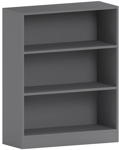 Vida Designs Cambridge 3 Tier Low Bookcase, Grey Wooden Shelving Display Storage Unit Office Living Room Furniture