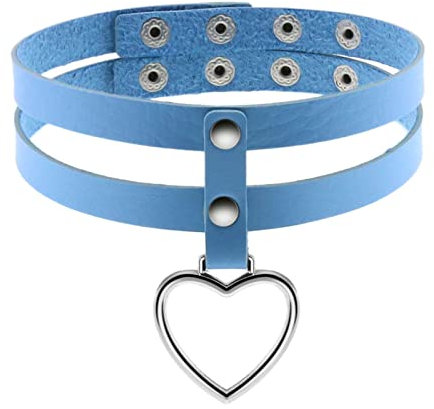 Flongo Tattoo Choker Leder Halsband Lederhalsband Damen Halskette mit Herz Nieten Anhänger Kette Blau Silber Gothic Punk Rock