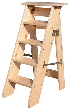 Pealihuy Sgabello con Scala in Legno Multifunzione Pieghevole 5 gradini Libreria per la casa in Legno Spesso (Colore Naturale)