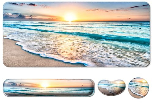 Keyboard Wrist Rest + Mouse Pad with Wrist Support + Desk Mat + Coaster 4 in 1 Set, XXL Large Gaming Mousepad Cute Ergonomic Mouse Pads for Desk Computer Laptop Office Decor-Beach
