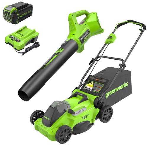 Greenworks 40V 16 Brushless Cordless (Push) Lawn Mower + Blower (350 CFM), 4.0Ah Battery and Charger Included (75+ Compatible Tools)