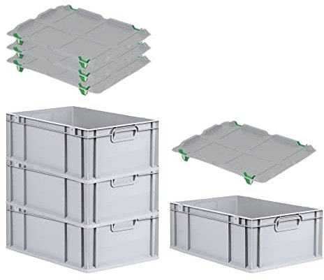 PROREGAL SuperSparSet 4x Eurobox NextGen Grip mit Auflagedeckel & 4 grünen Schiebeschnappverschlüssen, HxBxT 22x40x60cm, 44 L, Grau, Griffe geschlossen, Eurobehälter, Transportbox