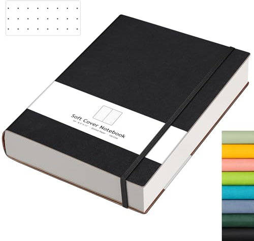AHGXG Bullet Dotted Journal – großes A4-Notizbuch, gepunktet, 21,6 x 27,9 cm, 320 Seiten, Punktraster-Notizbuch, 100 g/m² dickes Papier, Leder-Softcover, mit Tagebuch-Schablonen, Innentasche – Schwarz