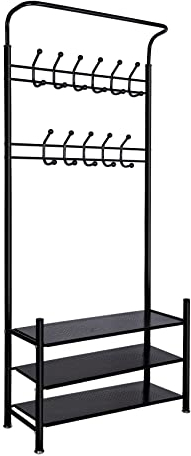 Homewit Garderobenständer, Kleiderständer, Schuhregal, Garderobe mit 7 Kugelhaken und 3 Ablagen, 82x30x190cm, für Schlafzimmer Flur Wohnzimmer, Metall, Schwarz
