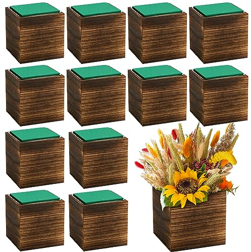 Dandat 12er-Set Holzwürfel-Pflanzkasten, quadratische Holzvase, rustikaler Würfel-Pflanzkasten mit herausnehmbarem Kunststoffeinsatz, Blumenschaumblöcke für Tafelaufsätze, Zuhause, Hochzeit, Garten,