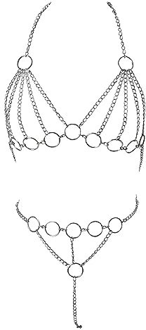 NEEMOSI Frauen Sexy Body Harness Metallkette Cupless BH Körperkette Vest und G-String Bikini Set Kostüm Dessous Damen Sexy Unterwäsche Sets Open Cup Perspektive Harness Iron Chain Kristall Nachtclub