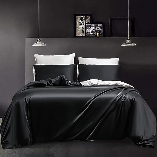 YASMENG Satin Bettwäsche 135x200 4teilig Schwarz Weiß Bettbezug Set Luxus Seide Bettwäsche Satin Glatt Glänzend Seidig Weich Satin Wendebettwäsche Set mit Reißverschluss und 2 Kissenbezüge 80×80 cm