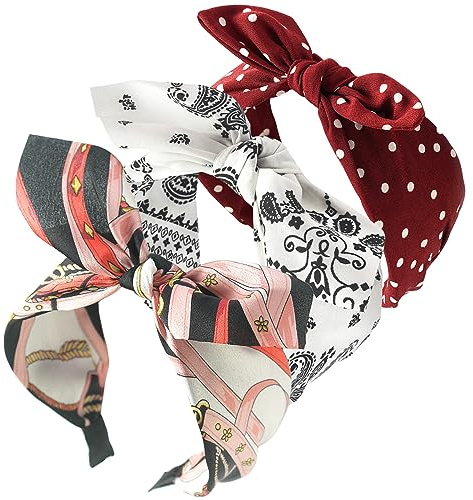 scicent Headbands for Women's Hair 3 PCS Boho Fashion Hairbands Elastic Knot Bow Head Bands Pretty Wide Alice Hair Bands Accessories for Girls 14522