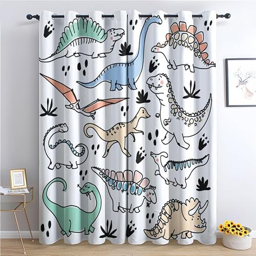 Dinosaurier Vorhänge Verdunklung svorhänge mit Muster Dino-Cartoon, Vorhang Blickdicht mit Ösen Gardinen Wohnzimmer Schlafzimmer Kinderzimmer Dekoration 2er Set - 160 x 132 (H X B)