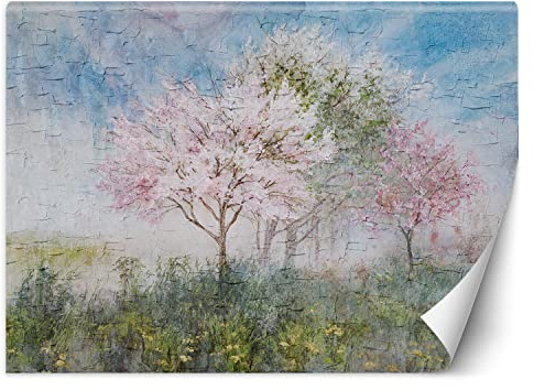 Premium Vinyl Fototapete Wiese Natur Bäume 100x70 cm XXL Wandtapete Tapeten Wohnzimmer Schlafzimmer Jugendzimmer Büro Flur Hotel Spa Moderne Design Wand Dekoration Nebel Pflanzen Himmel mehrfarbig