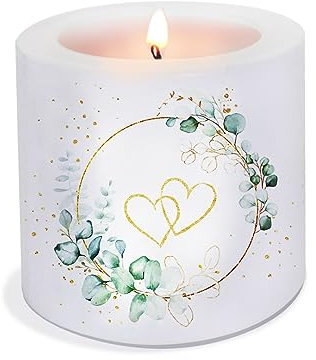 Candela per matrimonio con eucalipto e cuori, decorazione da tavolo, candela come regalo di nozze per coppia di sposi o come decorazione originale, diametro 8 x altezza 7,5 cm