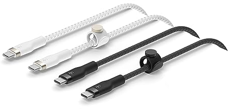 Belkin BoostCharge Pro Flex câble à gaine tressée USB-C vers USB-C, Certifié USB-IF, recharge Power Delivery, pour iPhone 16, 15, MacBook Pro, iPad Pro, Galaxy S24, Pixel, 1 m, pack de 2, blanc, noir