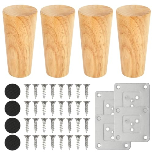 APACALI 4 Stück Möbelfüße Holz 15cm, Tischbeine Eiche, Holzfüße für Möbel, Beine für Möbel Holz, Ersatz Schrankbeine mit Montageplatte Gummipads für Sofa Bett Schrank Couch Stuhl
