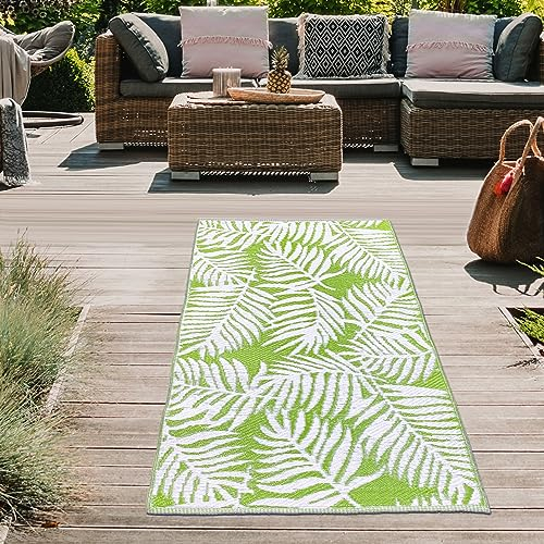 Teppich-Traum Outdoor Außen Teppich wetterfest Kunststoff Camping Vorzeltteppich Gartenteppich Balkonteppich kurzer Läufer Tropisches Palmen-Design grün-weiß 90 x 150 cm
