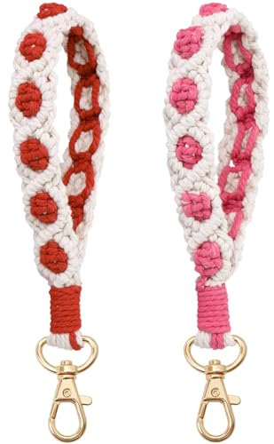 Makramee-Schlüsselanhänger, Gänseblümchen-Armband, handgefertigt, Boho-Seil, Schlüsselanhänger, Handyhalter für Damen und Mädchen, 2 Stück, Rot und Rosa, 15 cm