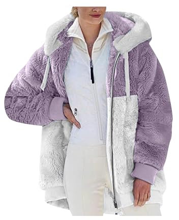 OMZIN Giacca Da Donna in Vaporoso Pile a Blocchi Di Colore Fuzzy Sherpa Con Cerniera Oversize Capispalla Con Cappuccio E Tasche Colore Viola M