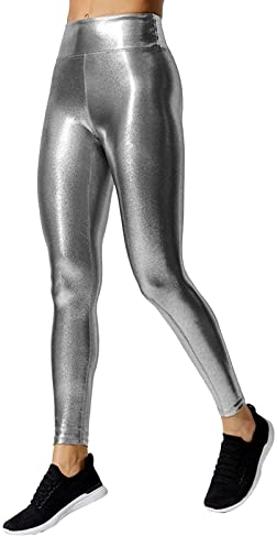 Metallic Leggings Damen,Glanz Leggings Damen,Leggings Silber Metallic Damen Glänzende Flüssigkeit Metallisch High Waist Dehnbar-Leggings Lack Leder Sportlegging Schmale Passform Karnevalskostüme