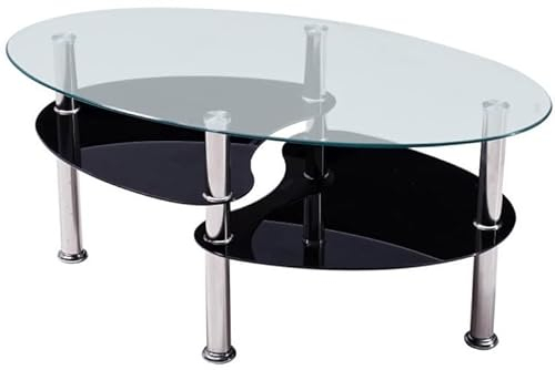 Rattanland® Couchtisch Glas - Couchtisch Oval - Glastisch Wohnzimmer - Wohnzimmertisch Glas - Couchtisch Rund Glas - Tisch Wohnzimmer Modern - Ovaler Couchtisch Kaffeetisch (Transparent -Schwarz)