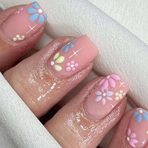 JUSTOTRY 24 Pcs Short False Nails with Flower Pattern,Multicolour Square Press on Nails,Glossy Fake Nails Medium for Nail Art,Floral Squoval French Stick on Nail for Women and Teens Gifts