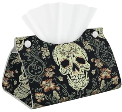 Taschentuchbox mit Blumen-Totenkopf-Ornament-Muster, stilvoller Leder-Tuchpapierhalter für Zuhause, Hotel, Auto, Büro