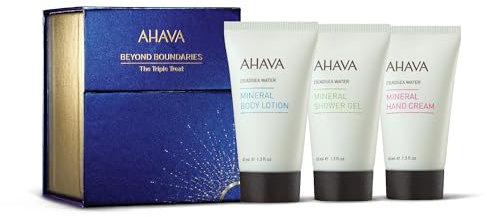 AHAVA Das Triple Treat Geschenkset – enthält Mineral Body Lotion (40 ml), Mineral Handcreme (40 ml), Mineral Shower Gel (40 ml) und eine Probe Crystal Osmoter X6 Serum