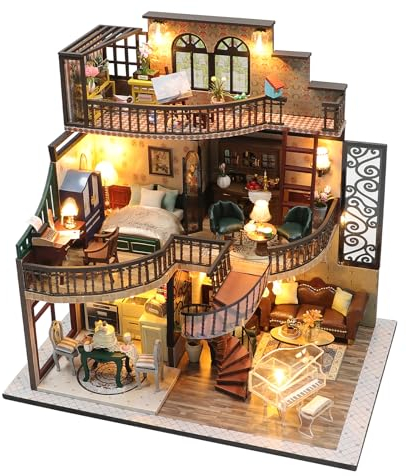 HIGSPE Maquette Maison Miniature DIY Kit, Puzzle 3D Maison de Poupées avec Meubles et Lumière LED en Bois, Cadeau de Bricolage, Loft Modèle de Construire pour Adultes Enfant
