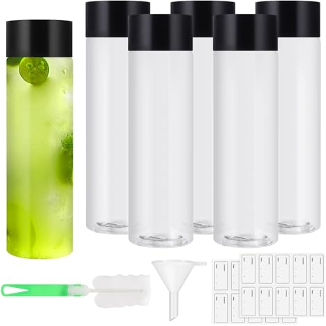 Lvefyti 6 Stück 400ml Smoothie Flasche,Plastikflaschen zum Befüllen,Wiederverwendbare Leere Saftflaschen mit Deckel Aufkleber Trichter Reinigungsbürste für Saft Milch Milchshake