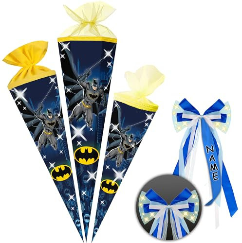 alles-meine.de GmbH Schultüte - Batmann - 35-85 cm - Größe wählbar - Spitze wählbar - inkl. Name + Verschluß-Schleife - Zuckertüte - Tüll - oder Filzabschluß - eckig/rund - k..
