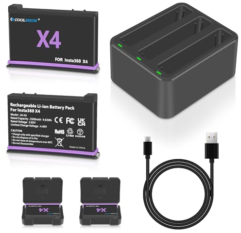 COOLSHOW Action Kamera X4 Akku 2500mAh 2 Stück und Dreifach Ladegerät Set für Insta360 X4 Kamera