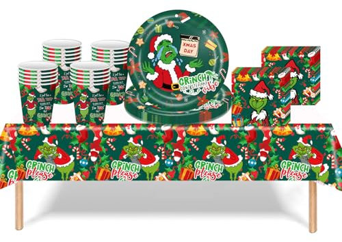41Pcs Green Grinch Christmas Tableware Decorations,Merry Christmas Plastic Table Cloth,Paper Cups Napkins Plates Grinch Table Cover Dinnerware for Xmas Party Supplies